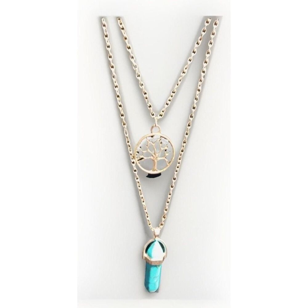 Tree of Life Silver Tone Necklace with Faux Turquoise Charm
